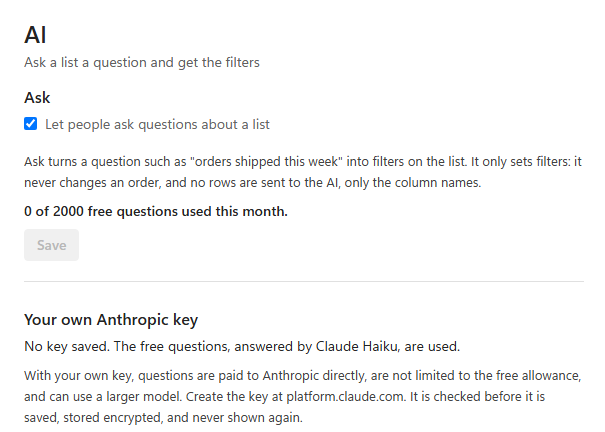 The AI settings screen of LogisticaHQ showing the Ask switch, the free questions used this month, and the field for the company's own Anthropic key