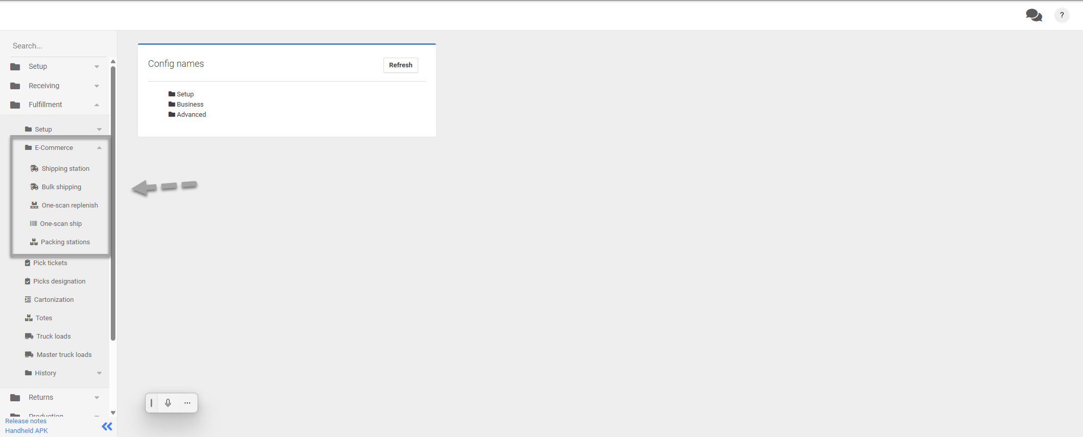 LogisticaHQ E-Commerce configuration menu showing all fulfillment module options