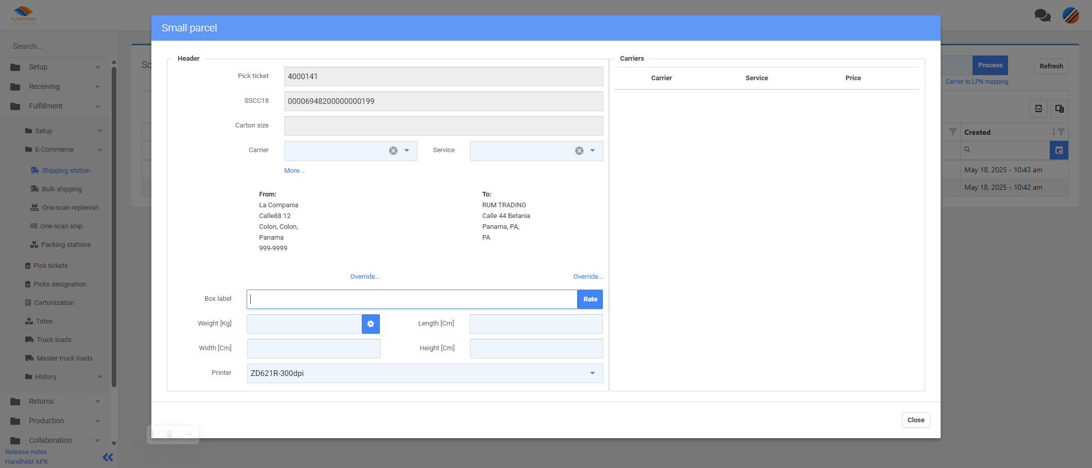 LogisticaHQ Small Parcel Ship Station with scale integration, EasyPost rate shopping, and Zebra label printing