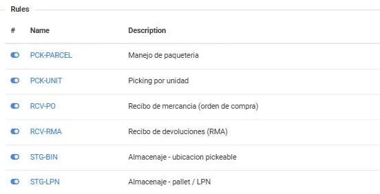 Recorte de la pantalla de reglas de un perfil de facturación de logisticaHQ: una lista de códigos de regla, como recepción de orden de compra, picking por unidad y almacenaje por pallet, cada uno con su descripción.