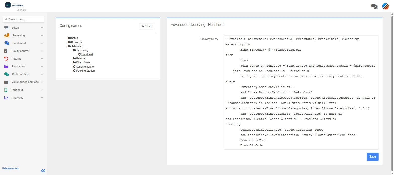 La configuration de la requ&ecirc;te de rangement de LogisticaHQ, montrant le SQL qui choisit un emplacement en joignant emplacements, zones, produits et stocks, et en filtrant sur les cat&eacute;gories autoris&eacute;es, le client et la manutention du produit.