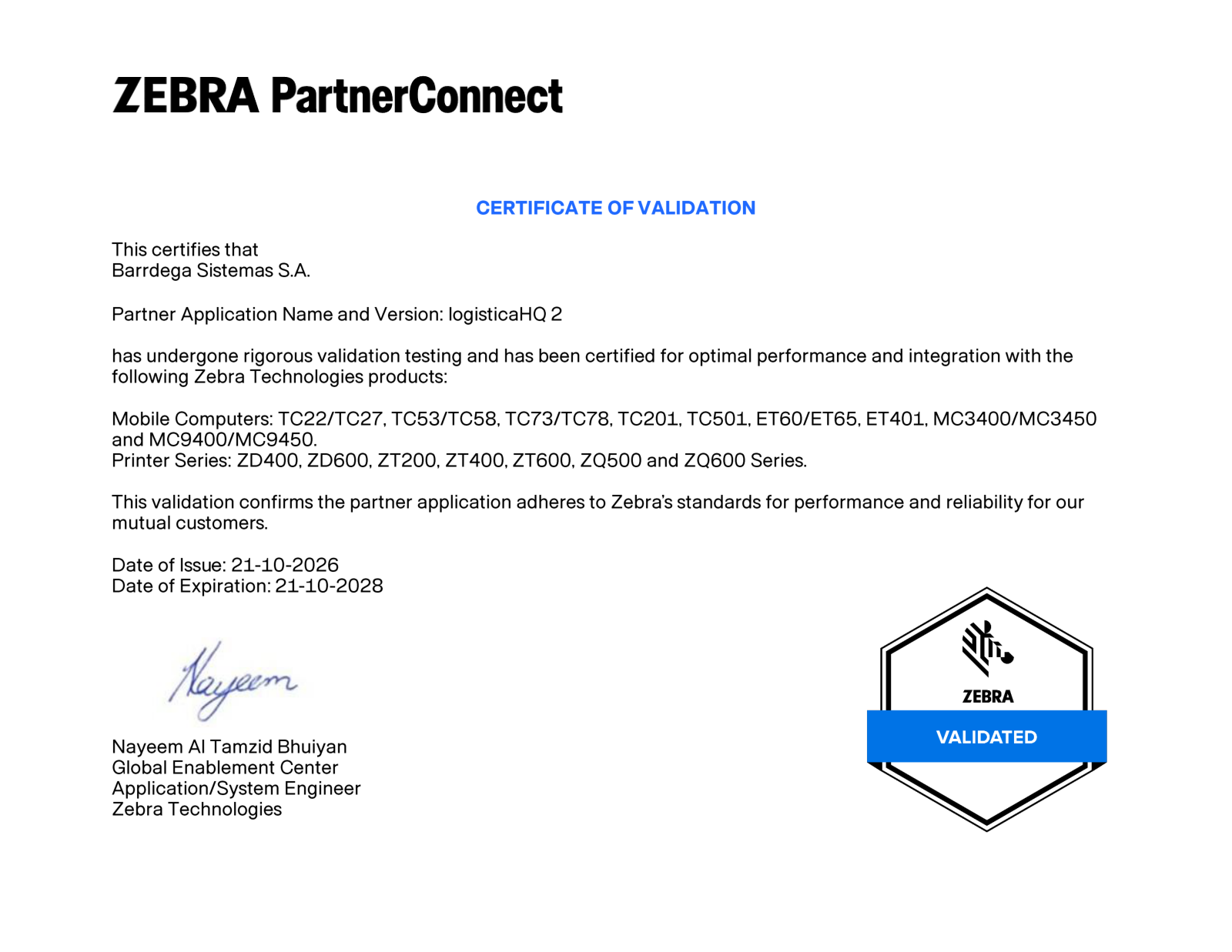 Zebra Technologies Certificate of Validation for logisticaHQ v2.0, issued October 21, 2026, listing the validated Zebra mobile computers, tablets and printers